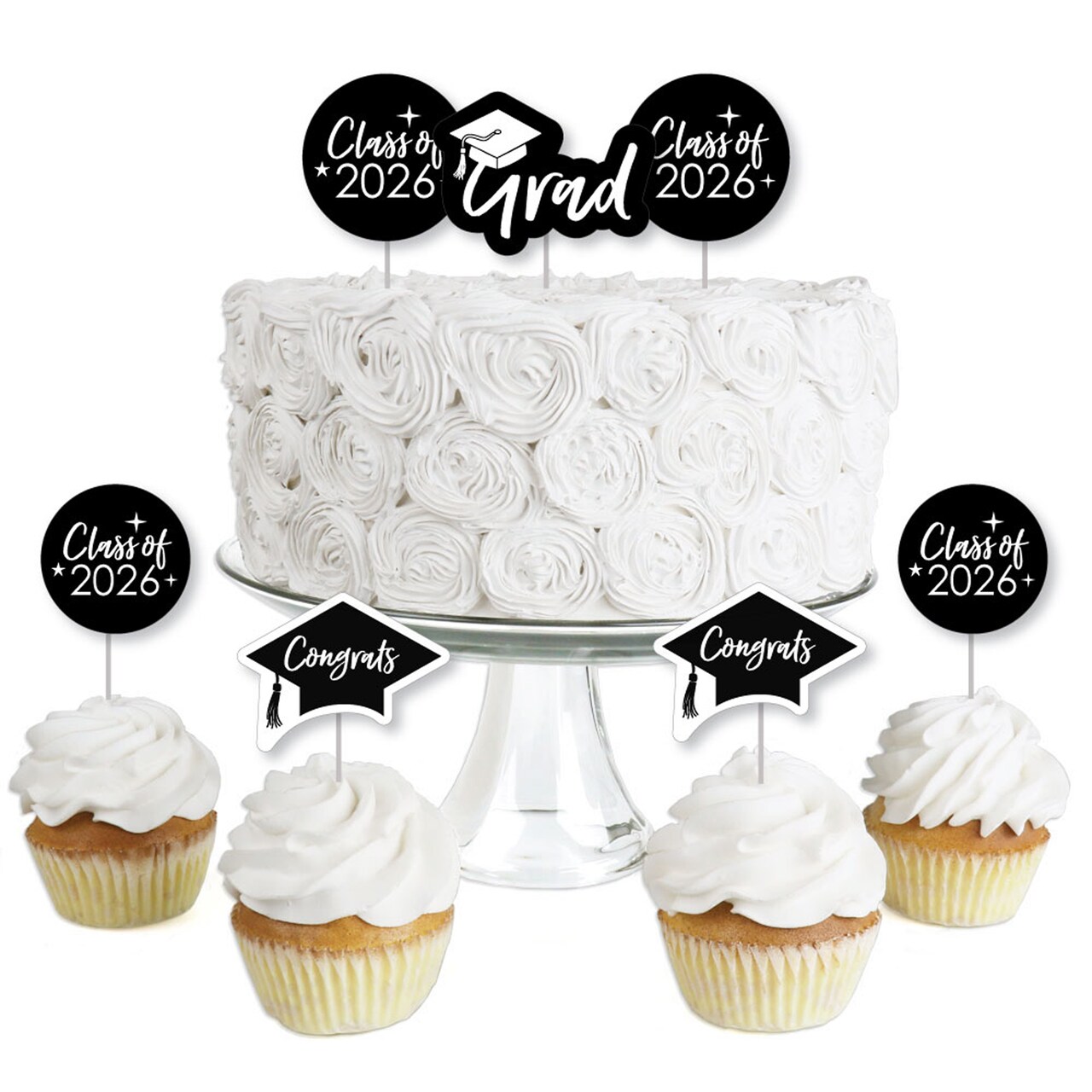 Big Dot of Happiness Black and White 2026 Graduation Party - Dessert Cupcake Toppers - Clear Treat Picks - Set of 24